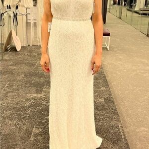 Elegant White Lace sheath David’s Bridal wedding dress with sweep train